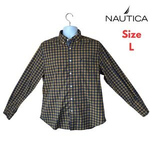 Nautica Mens Button Up Shirt Navy Blue Yellow Plaid Sz Large Classic Fit #179